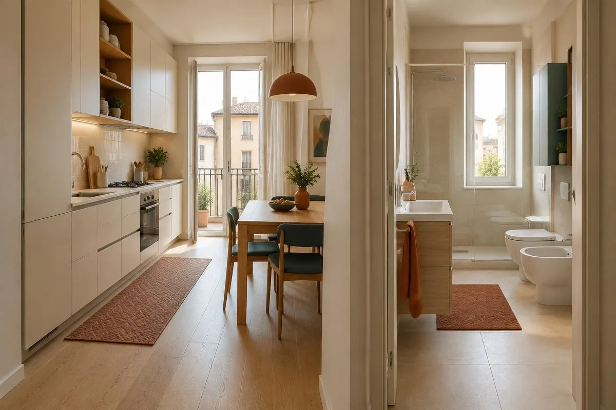 Bagno e cucina coordinati in un appartamento italiano